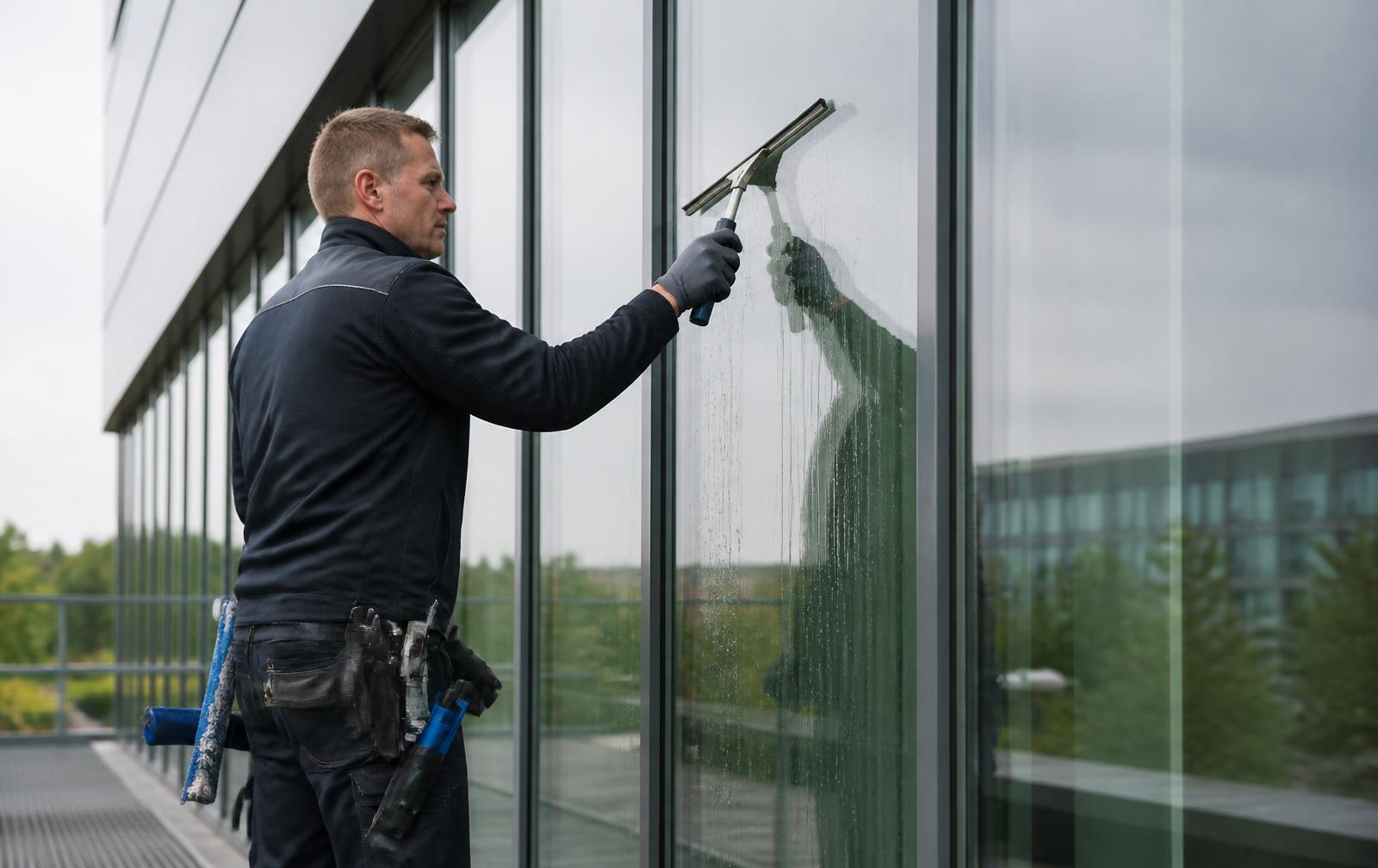 Reinigungskraft bei der Glasreinigung an einer Gebäudefassade